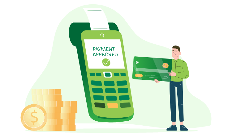 Illustration of man holding a credit card up to a card terminal